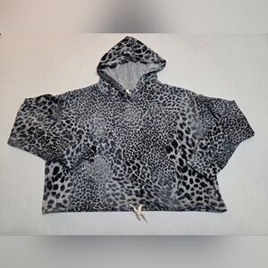 Elan Womens Gray Leopard Print Long Cropped Drawstring Hoodie GUC Size S
